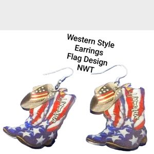 3$25 ~ Flag Fun Western Boots/Hat Earrings Red White Blue Flag New